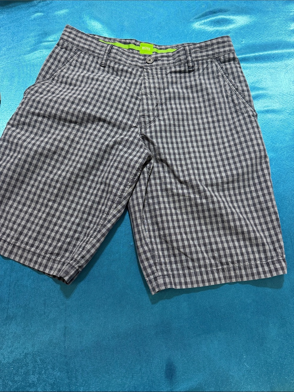 Hugo Boss Gray Check Plaid Flat-Front Shorts